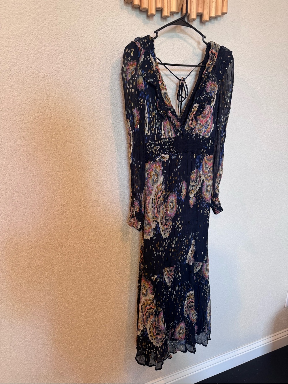 Anthropologie Small Boho Floral Sheer Sleeve Midi Dress Navy with pockets :) - Picture 8 of 15